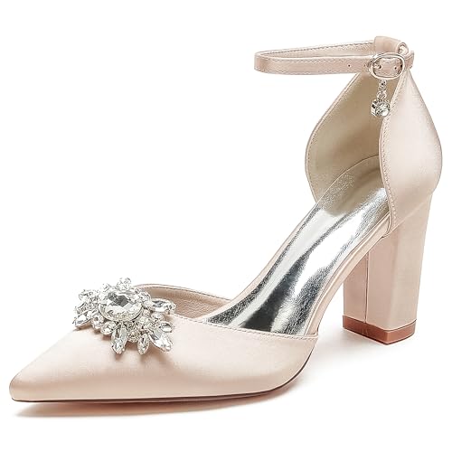 JMdfcqer Brautschuhe Damen Spitzschuh Knöchelriemen Blockabsatz Pumpen Hochzeit Brautjungfernschuhe mit Strass,Champagne,38 EU von JMdfcqer