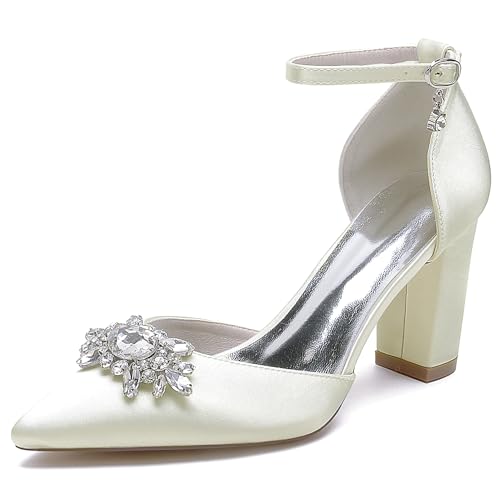 JMdfcqer Brautschuhe Damen Spitzschuh Knöchelriemen Blockabsatz Pumpen Hochzeit Brautjungfernschuhe mit Strass,Elfenbein,36 EU von JMdfcqer