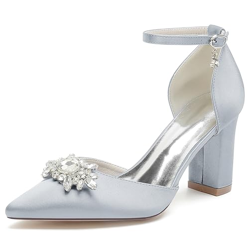 JMdfcqer Brautschuhe Damen Spitzschuh Knöchelriemen Blockabsatz Pumpen Hochzeit Brautjungfernschuhe mit Strass,Silber,36 EU von JMdfcqer