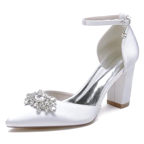 JMdfcqer Brautschuhe Damen Spitzschuh Knöchelriemen Blockabsatz Pumpen Hochzeit Brautjungfernschuhe mit Strass,Weiß,38 EU von JMdfcqer