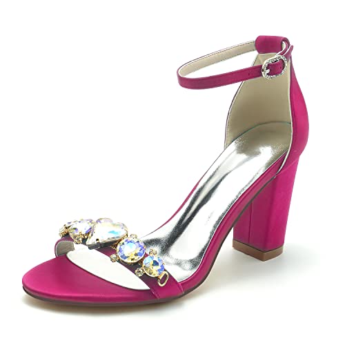 JMdfcqer Brautschuhe Damen Strass Offener Zeh Sandalen Blockabsätze Hochzeit Brautjungfernschuhe,Fuchsia,37 EU von JMdfcqer