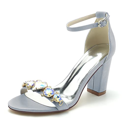 JMdfcqer Brautschuhe Damen Strass Offener Zeh Sandalen Blockabsätze Hochzeit Brautjungfernschuhe,Silber,39 EU von JMdfcqer