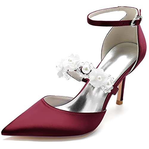 JMdfcqer Brautschuhe Elfenbein Hochzeit Schuhe Perle Knöchelriemen 8.5cm Stöckelabsatz Pumpen Abendschuhe für Abschlussball,Burgundy,38 EU von JMdfcqer