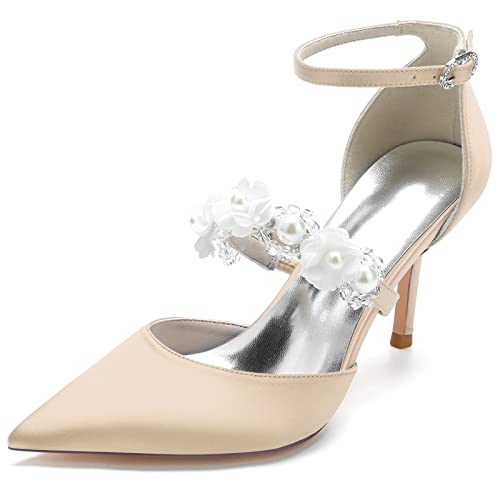 JMdfcqer Brautschuhe Elfenbein Hochzeit Schuhe Perle Knöchelriemen 8.5cm Stöckelabsatz Pumpen Abendschuhe für Abschlussball,Champagne,39 EU von JMdfcqer