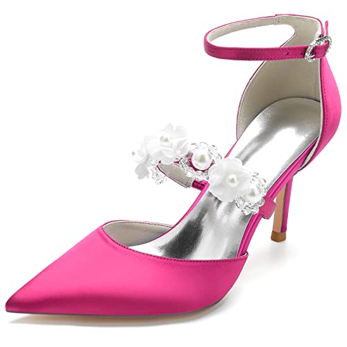 JMdfcqer Brautschuhe Elfenbein Hochzeit Schuhe Perle Knöchelriemen 8.5cm Stöckelabsatz Pumpen Abendschuhe für Abschlussball,Fuchsia,42 EU von JMdfcqer