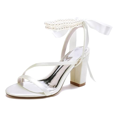 JMdfcqer Damen Brautschuhe Offener Zeh 8,5 cm Blockabsatz Band Krawatte Sandalen mit Perle,Elfenbein,36 EU von JMdfcqer