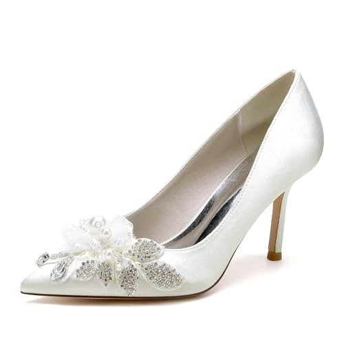 JMdfcqer Damen Geschlossene Zehen 8.5CM Stöckel Absatz Satin Hochzeitsschuhe Brautschuhe mit Perle,Elfenbein,38 EU von JMdfcqer