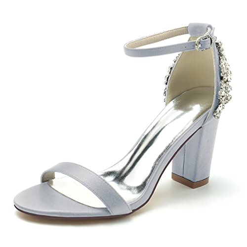 JMdfcqer Damen Hochzeitsschuhe Blockabsatz mit Strass Offener Zeh Sandalen für Hochzeit Oder Abend,Silber,36 EU von JMdfcqer