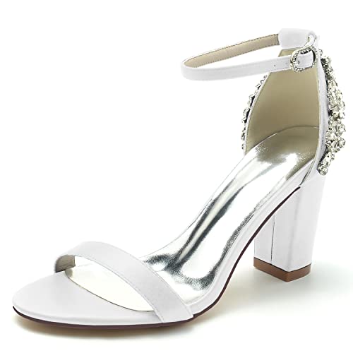 JMdfcqer Damen Hochzeitsschuhe Blockabsatz mit Strass Offener Zeh Sandalen für Hochzeit Oder Abend,Weiß,41 EU von JMdfcqer