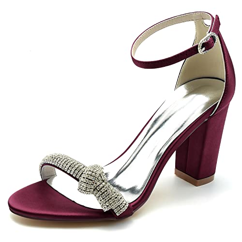 JMdfcqer Damen Sandalen Offener Zeh Blockabsatz Knöchelriemen Sommer Partei Hochzeit Abendschuhe,Burgundy,37 EU von JMdfcqer