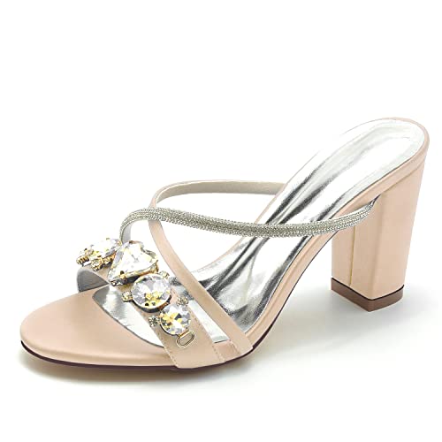 JMdfcqer Damen Sandalen Riemchensandale mit Strass Sommer Elegant Sandaletten Blockabsatz 8.5CM,Champagne,43 EU von JMdfcqer