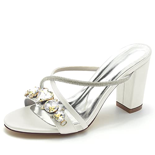 JMdfcqer Damen Sandalen Riemchensandale mit Strass Sommer Elegant Sandaletten Blockabsatz 8.5CM,Elfenbein,40 EU von JMdfcqer