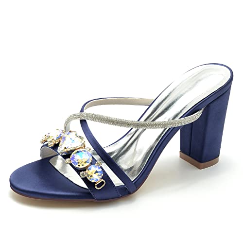 JMdfcqer Damen Sandalen Riemchensandale mit Strass Sommer Elegant Sandaletten Blockabsatz 8.5CM,Marine,38 EU von JMdfcqer