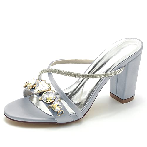 JMdfcqer Damen Sandalen Riemchensandale mit Strass Sommer Elegant Sandaletten Blockabsatz 8.5CM,Silber,42 EU von JMdfcqer