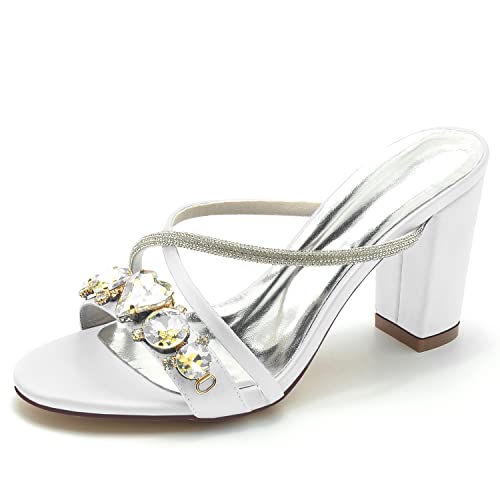 JMdfcqer Damen Sandalen Riemchensandale mit Strass Sommer Elegant Sandaletten Blockabsatz 8.5CM,Weiß,38 EU von JMdfcqer