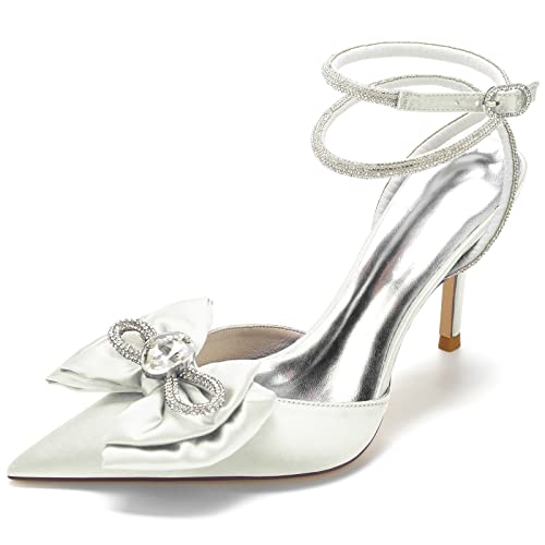 JMdfcqer Damen Sandalen mit Absatz Spitze Zehen Kristallverzierung Knöchelriemen Stöckel Absatz Hochzeit Brautjungfernschuhe,Elfenbein,39 EU von JMdfcqer