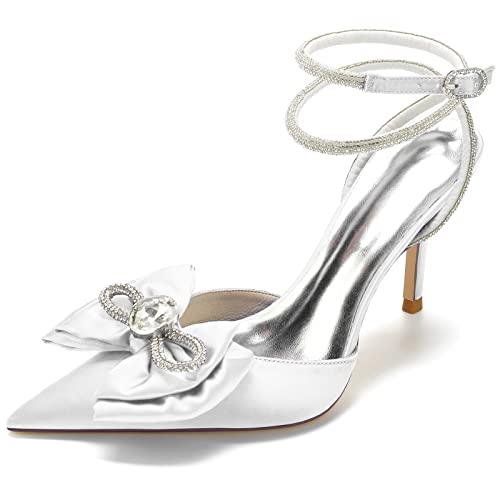 JMdfcqer Damen Sandalen mit Absatz Spitze Zehen Kristallverzierung Knöchelriemen Stöckel Absatz Hochzeit Brautjungfernschuhe,Weiß,41 EU von JMdfcqer