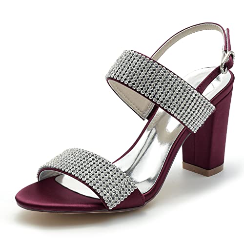 JMdfcqer Damen Sandaletten Strass Offene Zehen Knöchelriemen Sommerschuhe mit Blockabsatz,Burgundy,42 EU von JMdfcqer