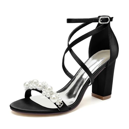 JMdfcqer Damen Sandaletten mit Blockabsatz Kreuz Riemchen Offener Zehen Absatzschuhe Sommer Riemchensandalen mit Perle,Schwarz,38 EU von JMdfcqer