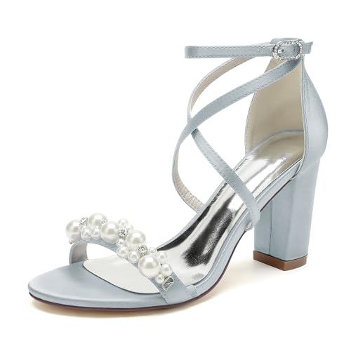 JMdfcqer Damen Sandaletten mit Blockabsatz Kreuz Riemchen Offener Zehen Absatzschuhe Sommer Riemchensandalen mit Perle,Silber,41 EU von JMdfcqer