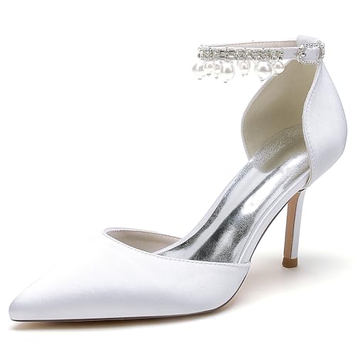 Damen Satin Hochzeitsschuhe Spitze Zehen Stöckelschuhe Perle Knöchelriemen Partei Abendschuhe Sandalen,Weiß,39 EU von JMdfcqer