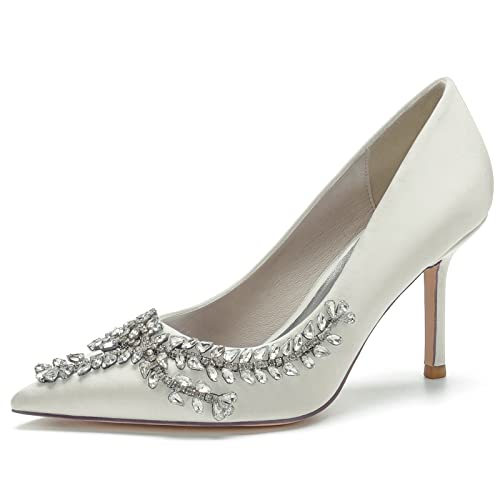 JMdfcqer Damen Spitze Geschlossene Zehen Absatzschuhe mit Pfennigabsatz für Hochzeit Brautschuhe mit Strass,Elfenbein,38 EU von JMdfcqer