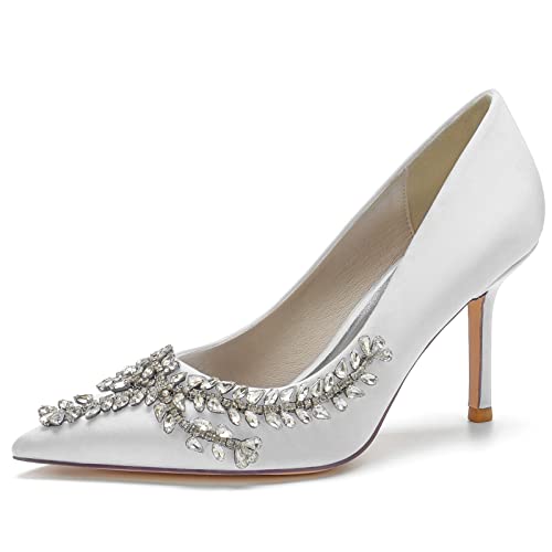 JMdfcqer Damen Spitze Geschlossene Zehen Absatzschuhe mit Pfennigabsatz für Hochzeit Brautschuhe mit Strass,Weiß,36 EU von JMdfcqer