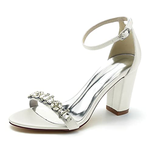 JMdfcqer Hochzeitsschuhe Brautschuhe Damen Knöchelriemen Blockabsatz Offener Zeh Sandalen Für Hochzeit Kleid Partei,Elfenbein,39 EU von JMdfcqer