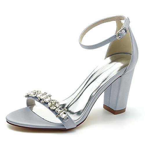 JMdfcqer Hochzeitsschuhe Brautschuhe Damen Knöchelriemen Blockabsatz Offener Zeh Sandalen Für Hochzeit Kleid Partei,Silber,42 EU von JMdfcqer