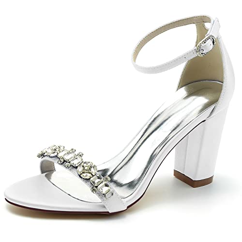 JMdfcqer Hochzeitsschuhe Brautschuhe Damen Knöchelriemen Blockabsatz Offener Zeh Sandalen Für Hochzeit Kleid Partei,Weiß,36 EU von JMdfcqer