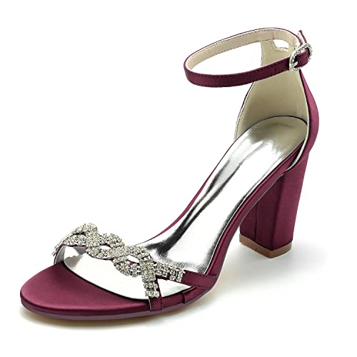 JMdfcqer Hochzeitsschuhe Brautschuhe Damen Knöchelriemen Blockabsatz Offener Zeh Sandalen für Hochzeit Kleid Partei,Burgundy,43 EU von JMdfcqer