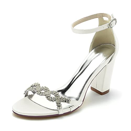 JMdfcqer Hochzeitsschuhe Brautschuhe Damen Knöchelriemen Blockabsatz Offener Zeh Sandalen für Hochzeit Kleid Partei,Elfenbein,40 EU von JMdfcqer