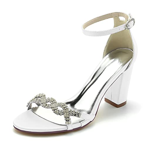 JMdfcqer Hochzeitsschuhe Brautschuhe Damen Knöchelriemen Blockabsatz Offener Zeh Sandalen für Hochzeit Kleid Partei,Weiß,43 EU von JMdfcqer