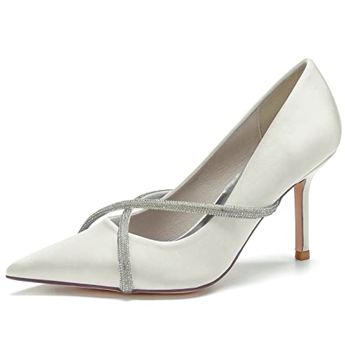 JMdfcqer Hochzeitsschuhe Damen Spitzschuh Klassisch 8.5CM Stöckel Absatz Hochzeit Brautjungfernschuhe mit Strass,Elfenbein,38 EU von JMdfcqer