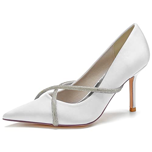 JMdfcqer Hochzeitsschuhe Damen Spitzschuh Klassisch 8.5CM Stöckel Absatz Hochzeit Brautjungfernschuhe mit Strass,Weiß,37 EU von JMdfcqer