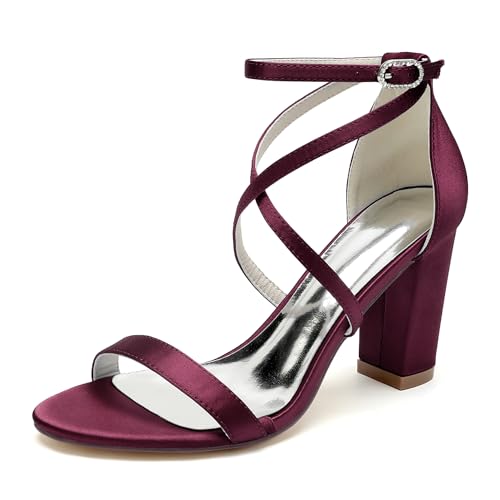 JMdfcqer Sandalen für Damen Kreuz Riemchen Blockabsatz Offene Zehe Sommerschuhe Hochzeitsschuhe,Burgundy,37 EU von JMdfcqer