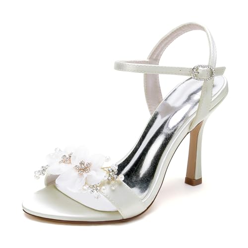 JMdfcqer Weiß Hochzeitsschuhe Damen Stöckel Absatz Knöchelriemen Sommer Offener Zeh Sandalen mit Strass und Perle,Elfenbein,36 EU von JMdfcqer