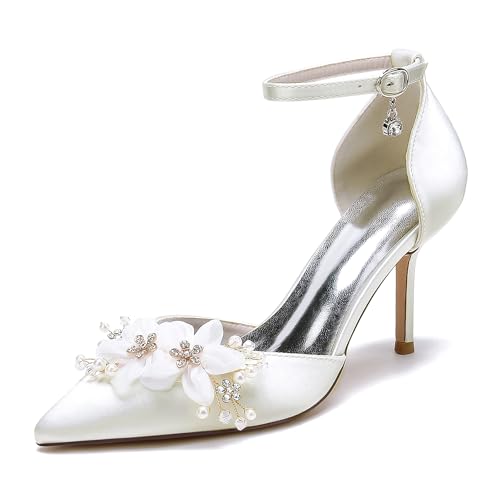 JMdfcqer Weiße Hochzeitsschuhe Damen Spitzschuh Knöchelriemen Absatzsandalen mit Strass Perle,Elfenbein,38 EU von JMdfcqer