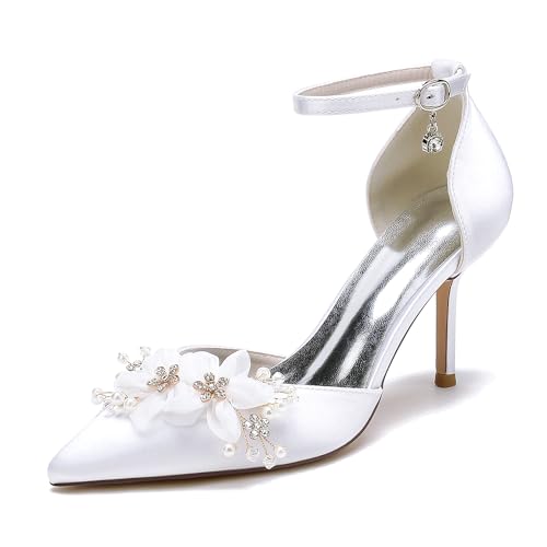 JMdfcqer Weiße Hochzeitsschuhe Damen Spitzschuh Knöchelriemen Absatzsandalen mit Strass Perle,Weiß,35 EU von JMdfcqer