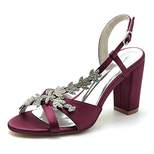 Sandalen Damen Strass Riemchen Peep Zehen Blockabsatz Sommerschuhe Partei Abendschuhe,Burgundy,40 EU von JMdfcqer