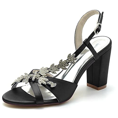 Sandalen Damen Strass Riemchen Peep Zehen Blockabsatz Sommerschuhe Partei Abendschuhe,Schwarz,38 EU von JMdfcqer