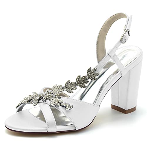 Sandalen Damen Strass Riemchen Peep Zehen Blockabsatz Sommerschuhe Partei Abendschuhe,Weiß,43 EU von JMdfcqer