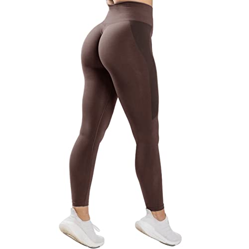 Damen Hohe Taille Sport Leggings Blickdicht Scrunch Butt Sporthose Slim Fit Yogahose mit BauchkontrolleNahtlose Push Up Booty Leggins Hose Laufhose Tight für zum Fitness Laufen Radfahren(Braun,L) von JN JANPRINT