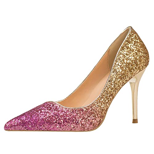 JOEupin Glitzer-Pailletten-Pumps für Damen, Stiletto-Absätze, spitzer Zehenbereich, Slipper, High Heels, Pumps für Damen, Hochzeit, Party, Gold, Rosa, 5 von JOEupin