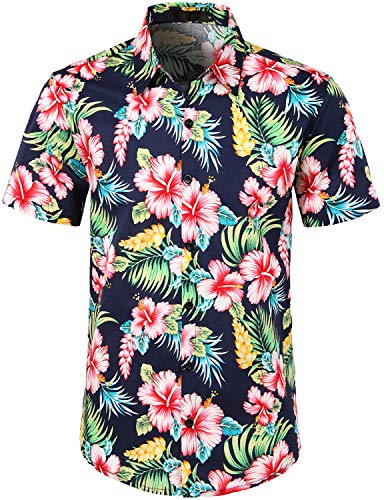 JOGAL Herren Blumen Kurzarm Baumwolle Hawaii Hemd Small NavyHibiskus von JOGAL