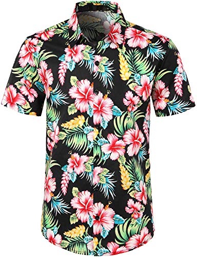 JOGAL Herren Blumen Kurzarm Baumwolle Hawaii Hemd Small SchwarzHibiskus von JOGAL