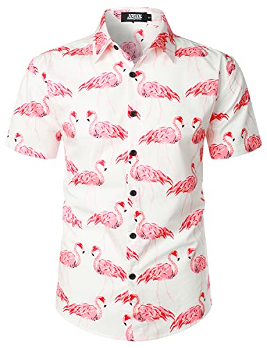 JOGAL Herren Blumen Hawaii Hemd Kurzarm Freizeit Baumwolle Sommer Strand Hemd Klein Weiß Rosa Flamingos von JOGAL