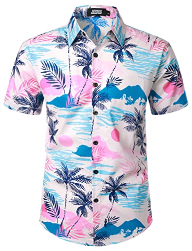 JOGAL Herren Blumen Hawaii Hemd Kurzarm Freizeit Baumwolle Sommer Strand Hemd Rosa Insel Klein von JOGAL