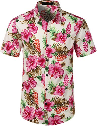 JOGAL Herren Blumen Kurzarm Baumwolle Hawaii Hemd 3X-Large WeißHibiskus von JOGAL