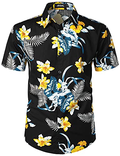 JOGAL Herren Blumen Kurzarm Baumwolle Hawaii Hemd Gelb Hibiskus 3X-Large von JOGAL